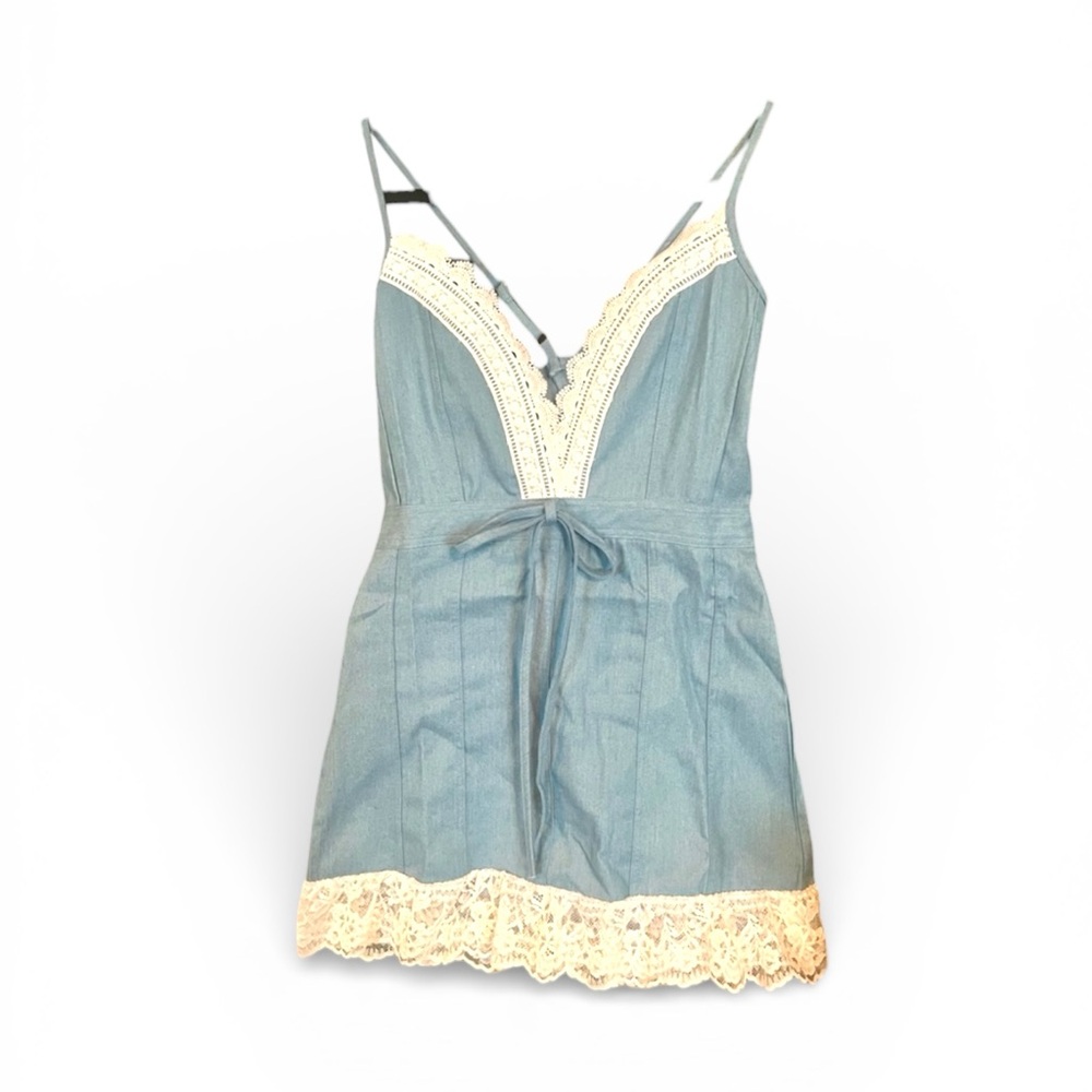 Dusty Blue Lace Trim Mini Dress | Adjustable Straps | Size S - Picture 3 of 3